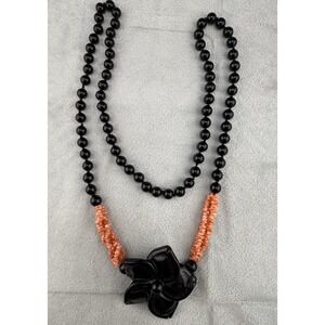 Vintage Pink Coral Stone Necklace Onyx Blossom Flower Pendant 32"
